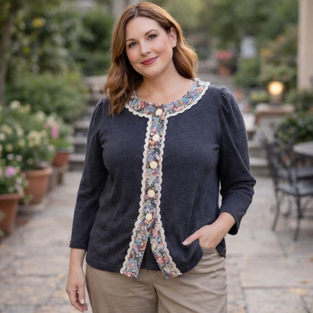 C22 Vintage Good Times Women’s Floral Lace Sweater Blazer Button Front 12P USA